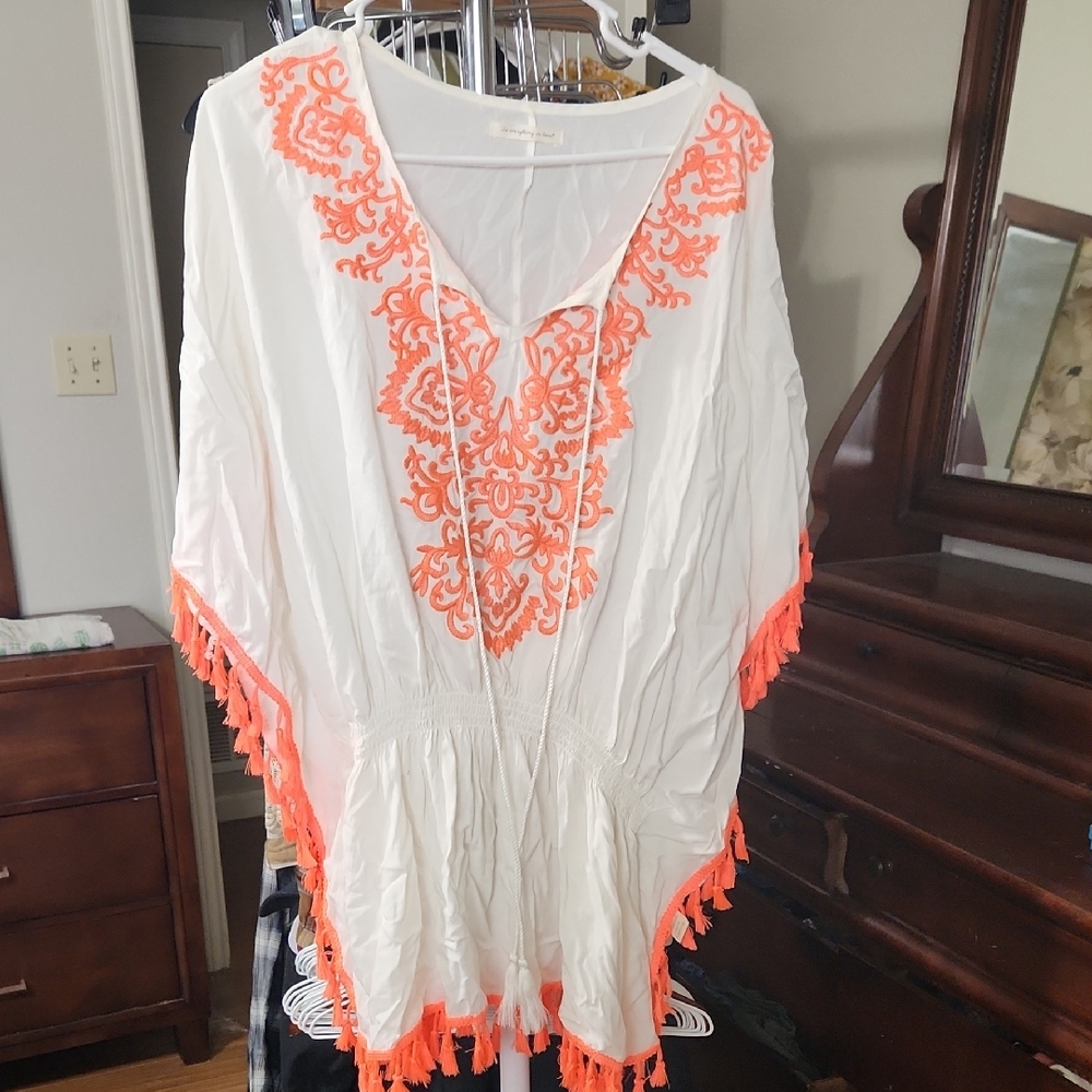 White and Orange Embroidered Coverup